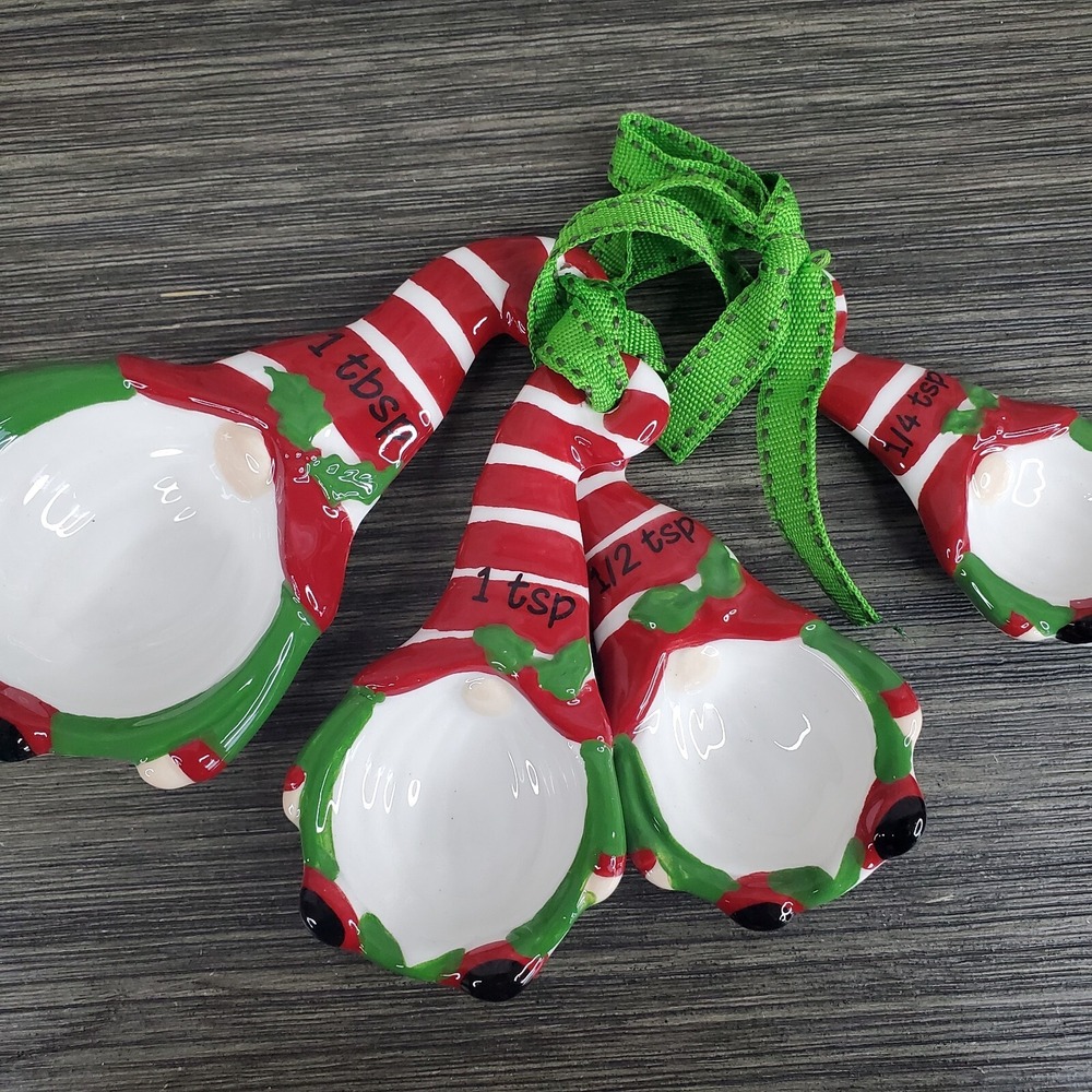 Ceramic Christmas Santa Gnome Measuring Spoon Set Of 4 -‎ Striped Caps, Ribbons
